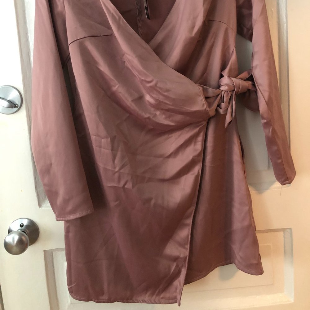 Petite Long Sleeve Satin Mini Wrap dress - Picture 2 of 3